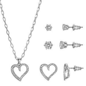 PRIMAVERA 4pc Romantic Heart & Round Silver Plated CZ Necklace + Earrings Set